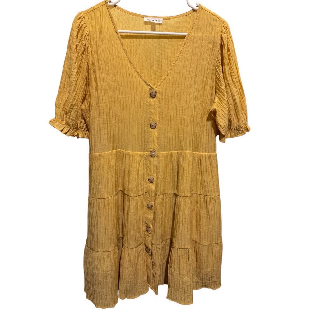 Blu Pepper Womens Large Mustard Yellow Tiered Midi Dress Button Front Boho L - Picture 2 of 10